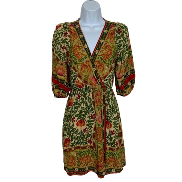 Farm Rio Floral Mini Dress PP XS Alligator V-Neck 3/4 Sleeve Faux Wrap Tropical - Picture 1 of 11
